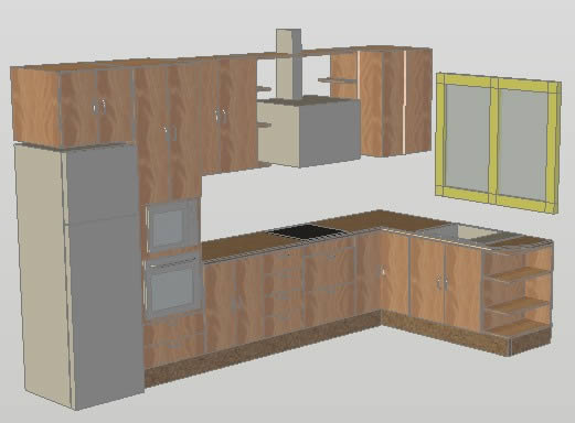 Modelo 3d de la disposicion de muebles en cocina
