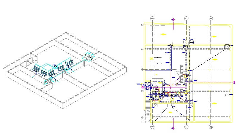 Isometrics and plan of sanitary facilities for a hotel with 3 basements