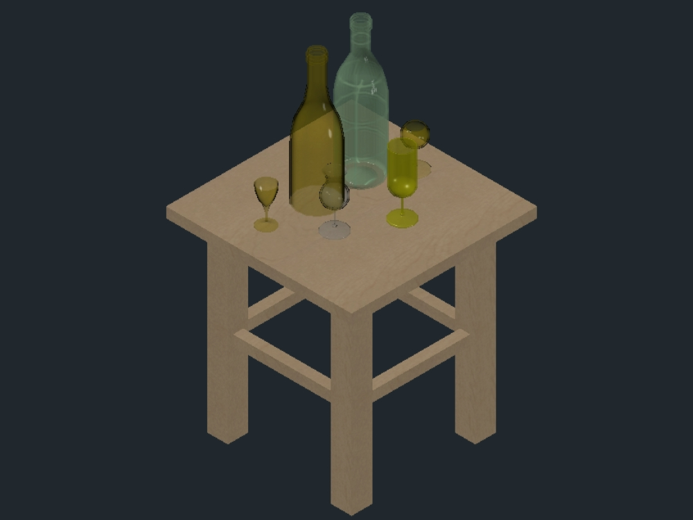 Tavolo con bicchieri e bottiglie in modello 3d