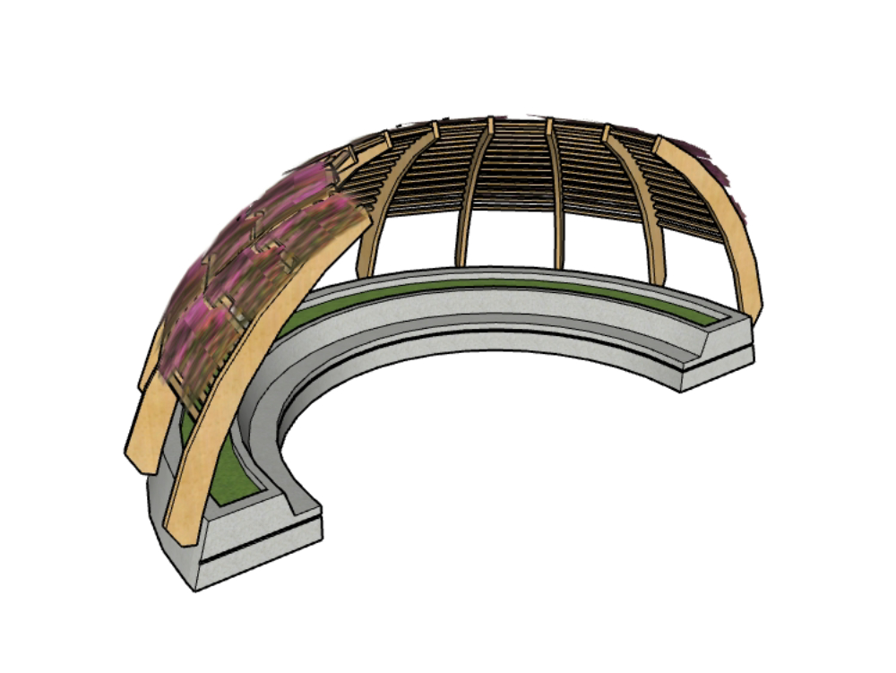 Circular wooden pergola with steps.