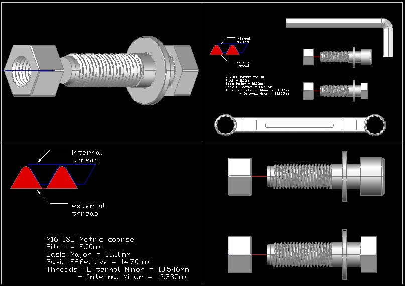 3d tornillo y tuerca exagonal m16