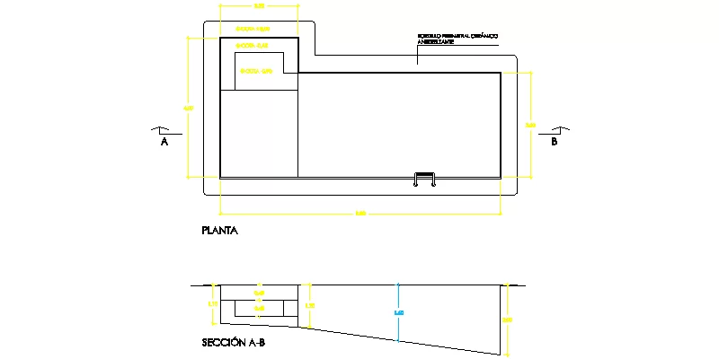 Detalhe do projeto da piscina, seção e planta