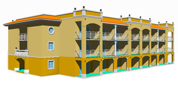 Edificio de tres plantas en 3d