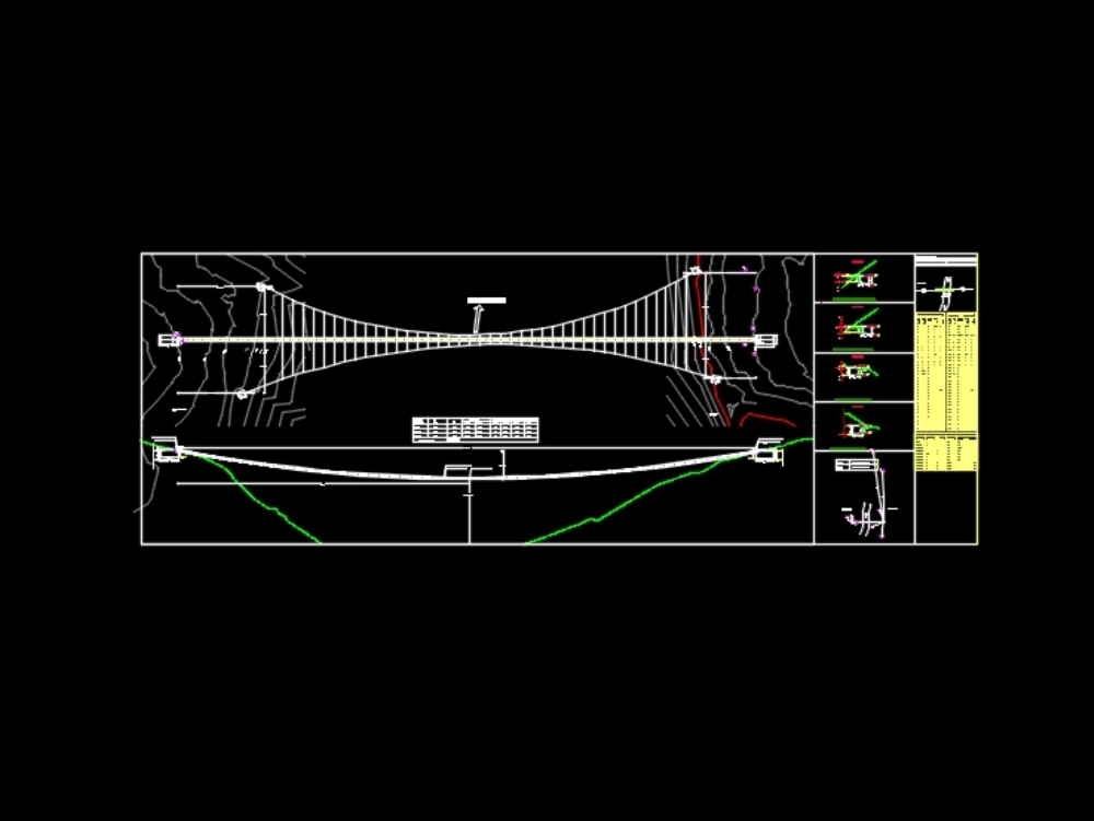 Plan du pont suspendu avec coupe transversale et données topographiques détaillées.