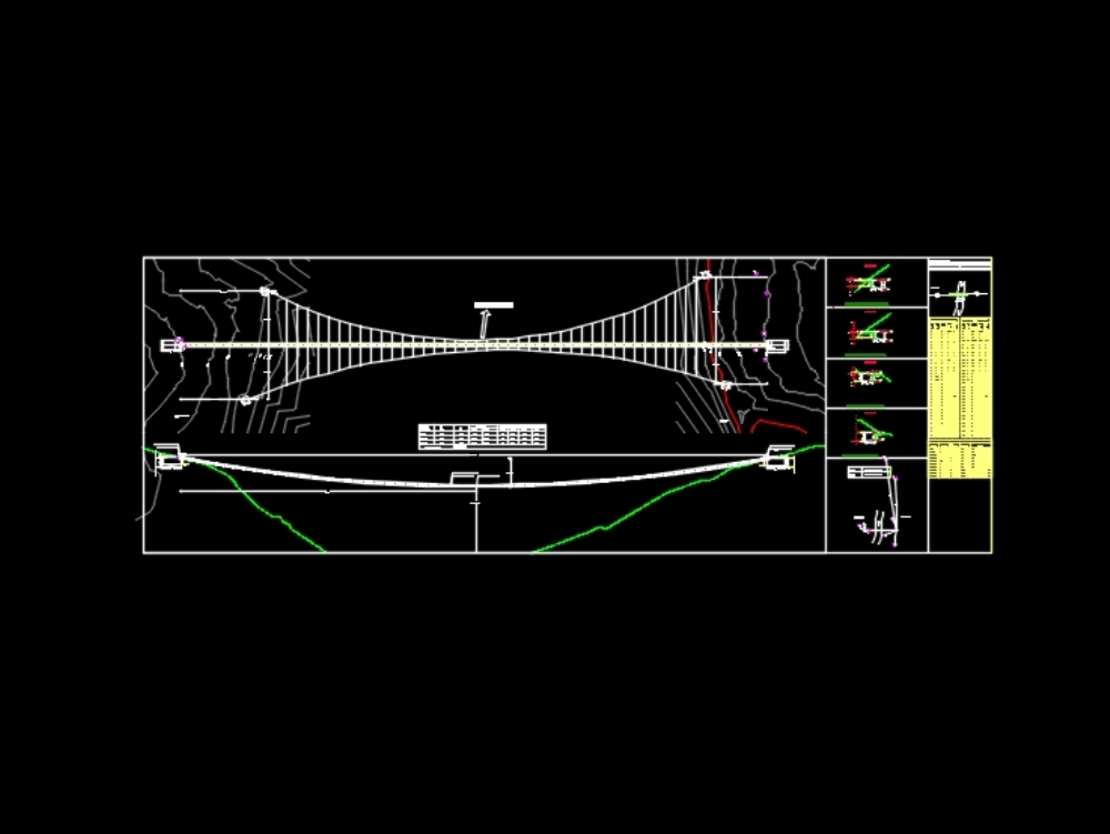 Pianta del ponte sospeso con sezione trasversale e dati di rilievo dettagliati.