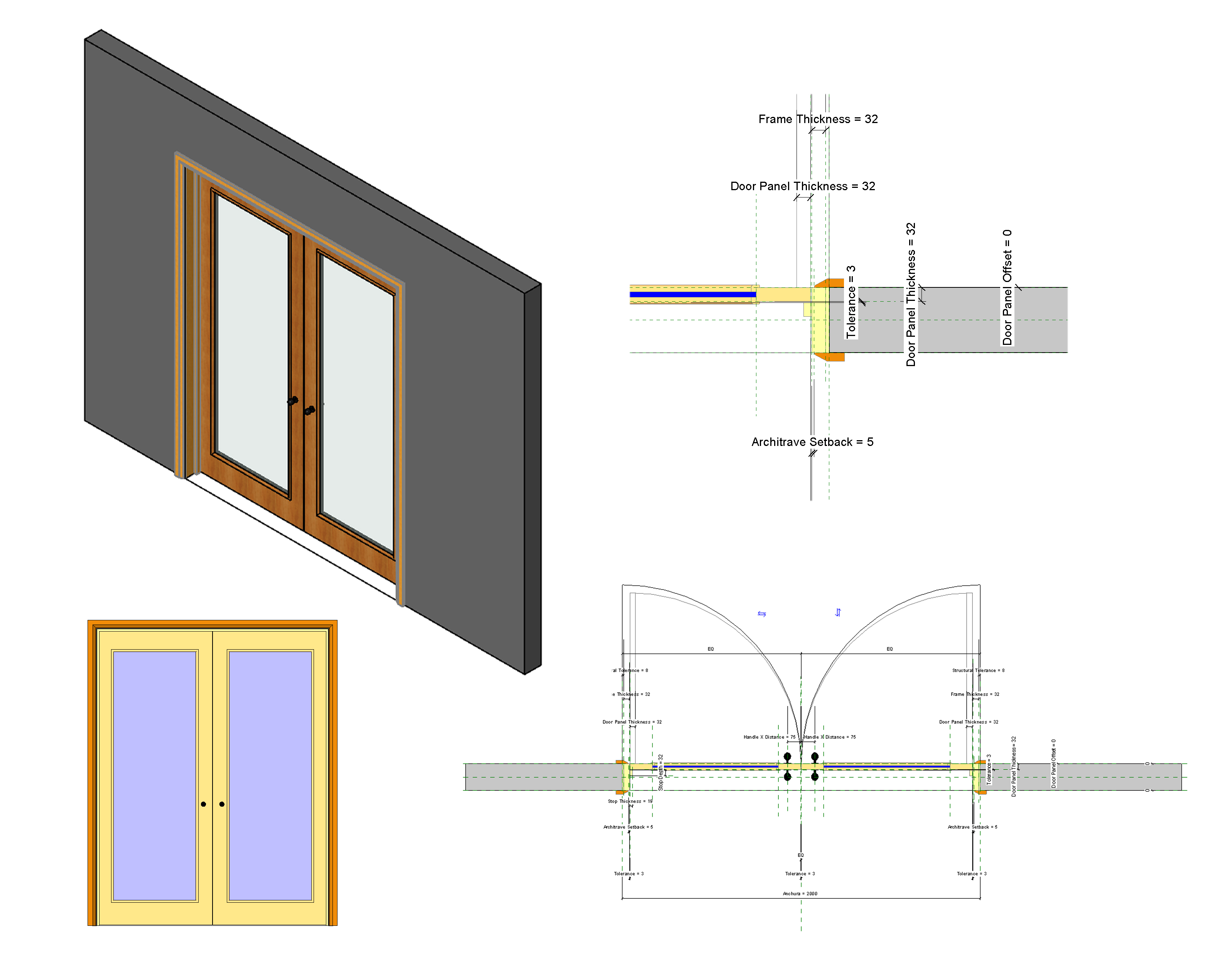 Double leaf door with glass