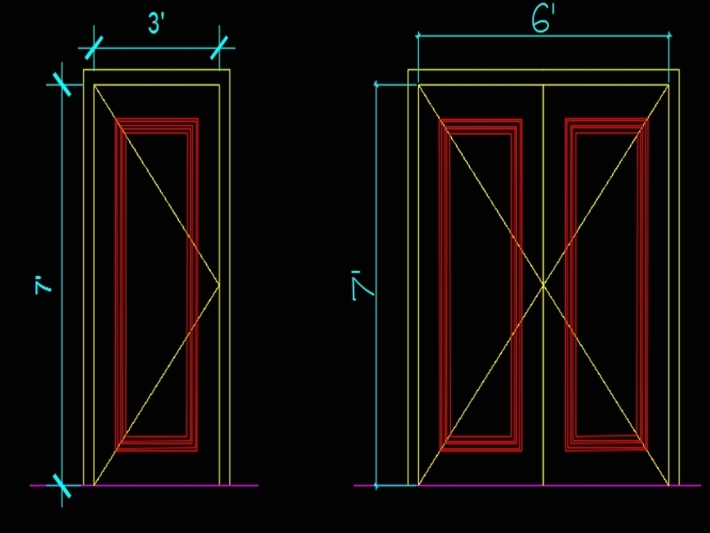 Elevazioni delle porte con dettagli di modanatura.