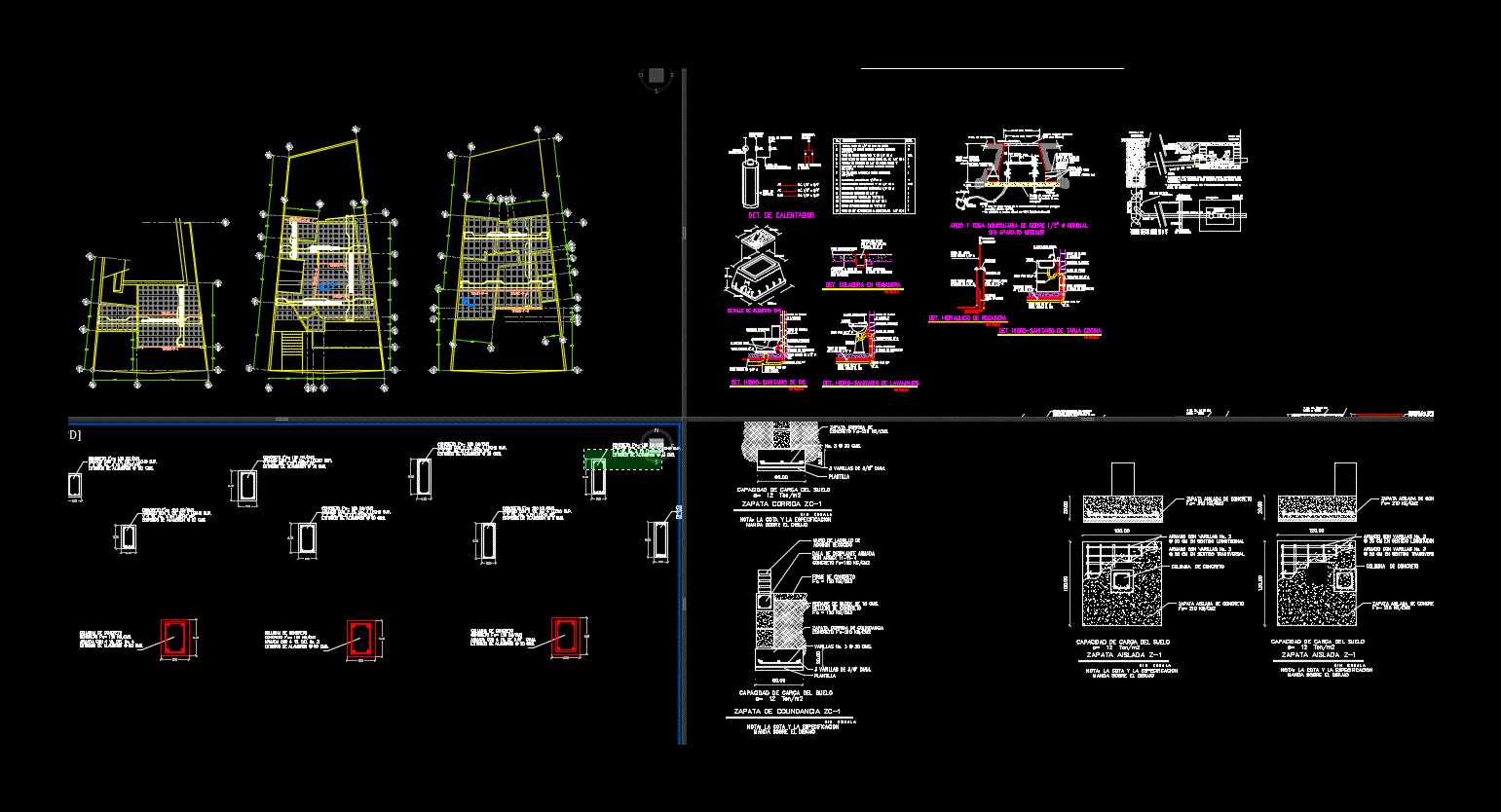 Plano estructural de una casa de 3 niveles