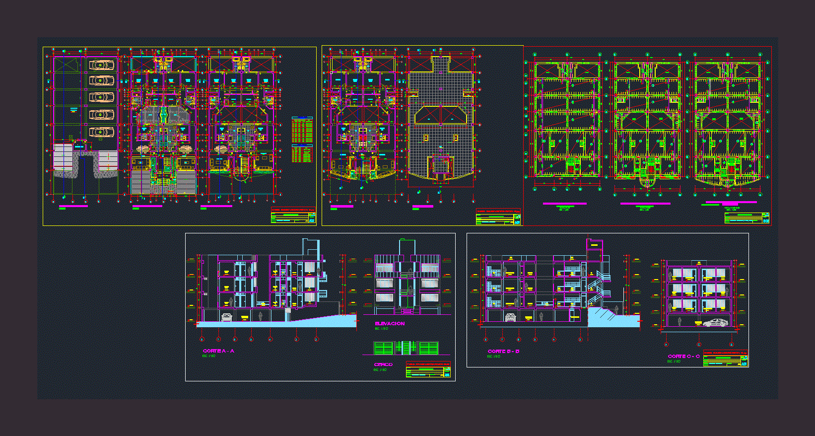 Edificio multifamiliar con cortes y elevaciones