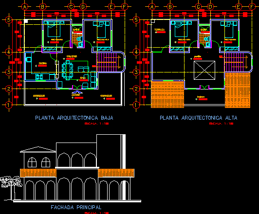 Plantas y fachada de residencia tipo medio