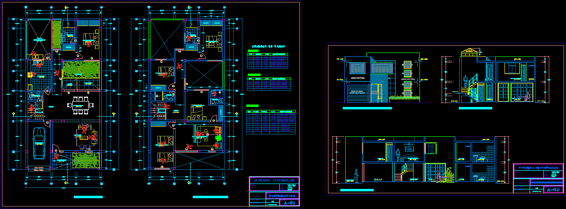 Vivienda unifamiliar vista superior cortes y elevaciones