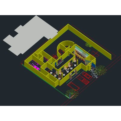 Restaurante en 3D con Barra y Cocina