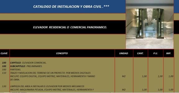 Catalog of installations and civil works panoramic elevator xls