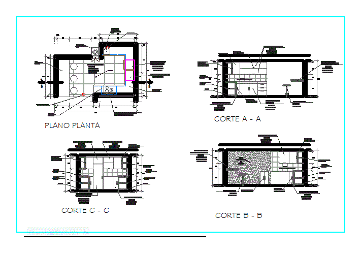 Plans, section and details of a kitchen