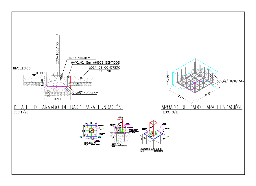 Detalhe da matriz de fundação e placa de fixação da estrutura metálica