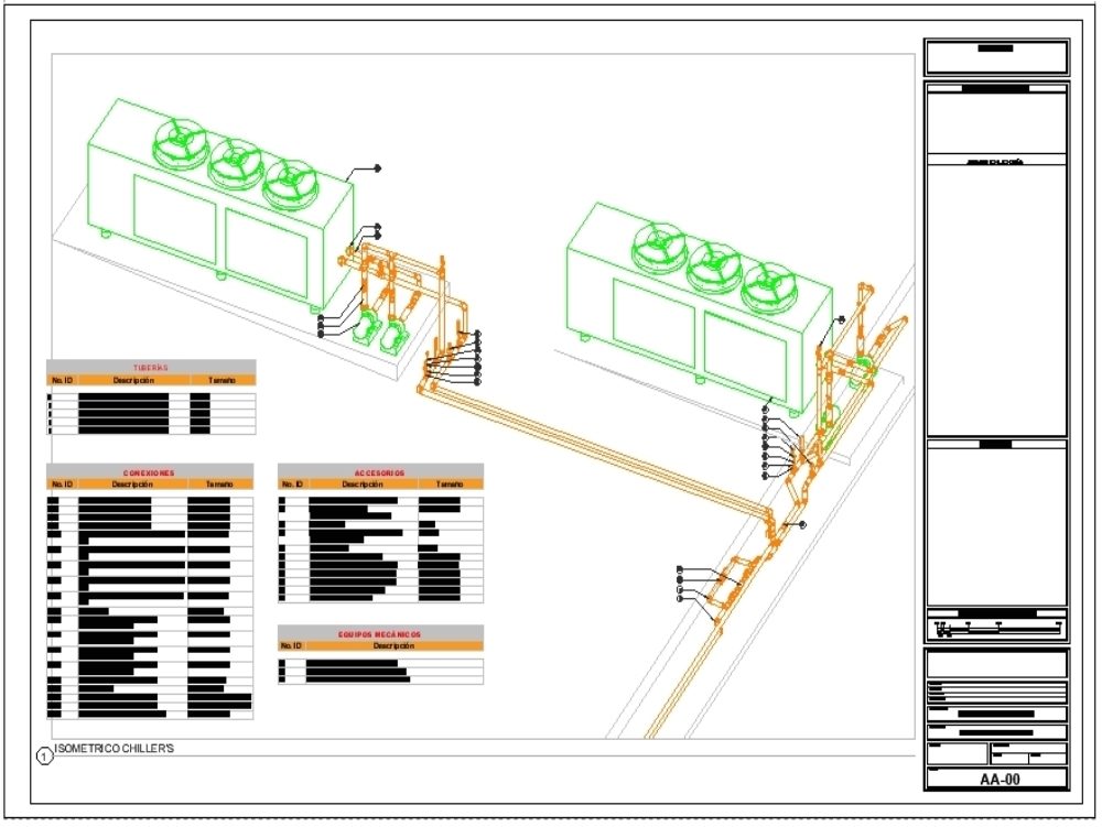 Isometric installation of two air conditioning chiller units - autocad