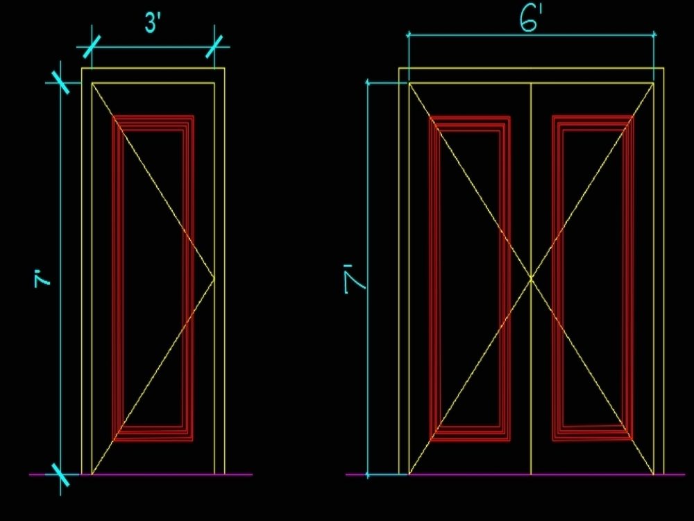 Elevazioni delle porte con dettagli di modanatura.