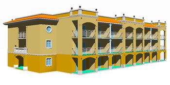 Three-story building in 3d