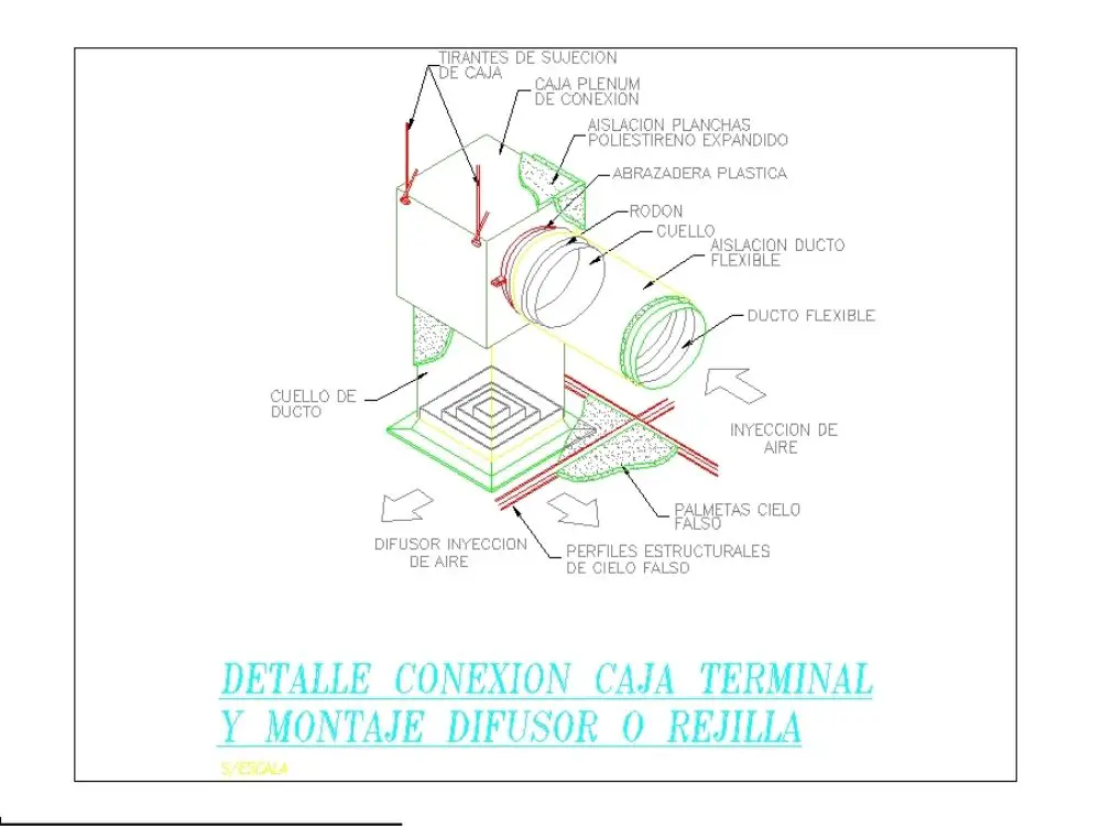 Detalhe da ligação da caixa de terminais e montagem do difusor ou grelha