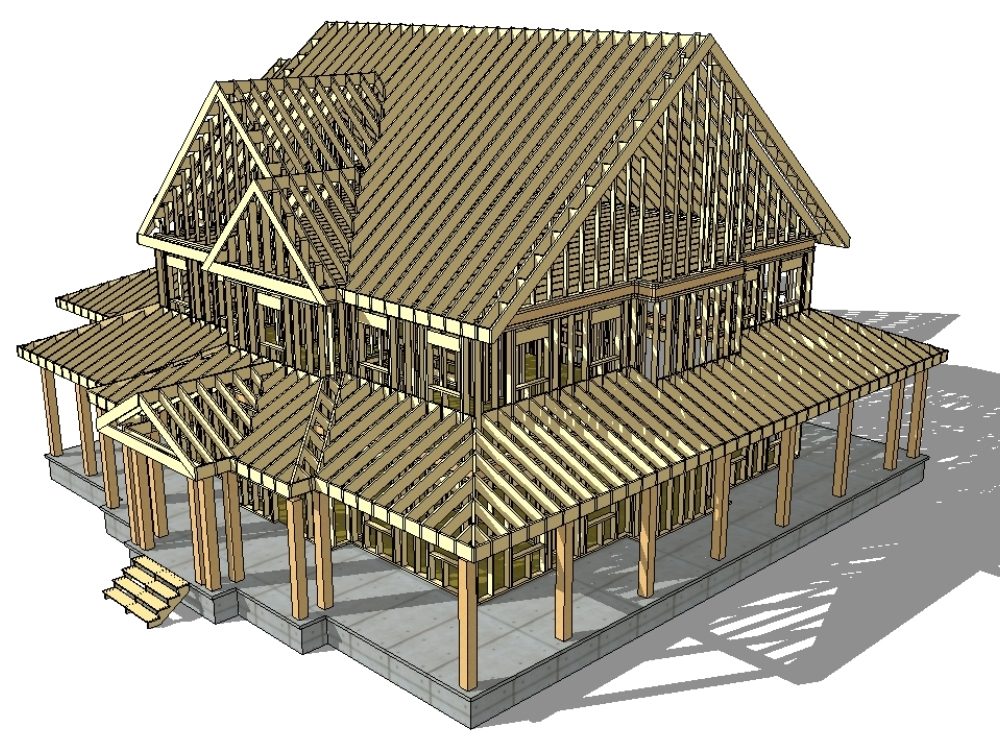 Palacete com sistema estrutural de pórticos de madeira.