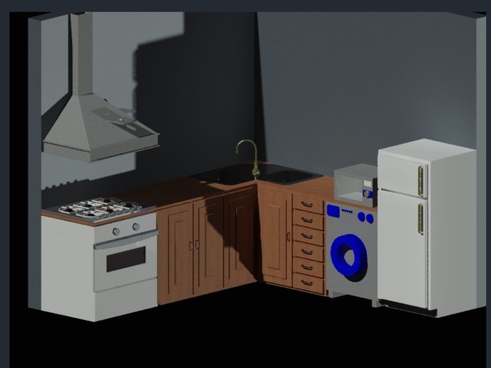 Kitchen in 3d equipped with large oak brand 2.6mx2.6m.