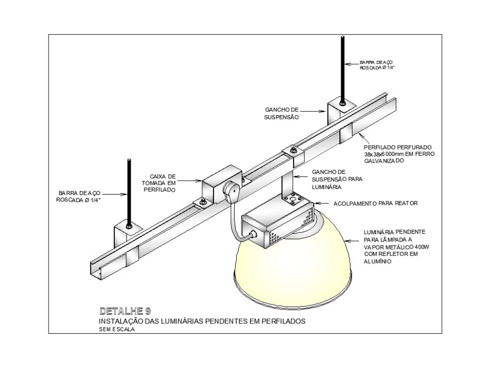 Luminária óptica industrial com detalhe de fixação