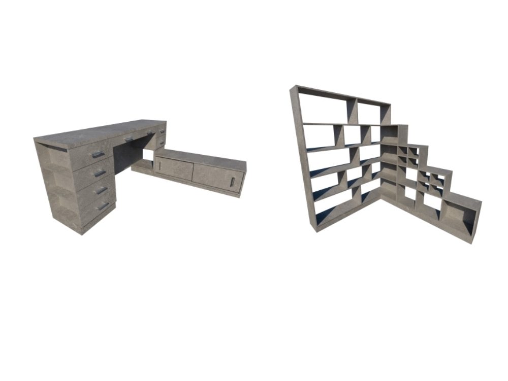 3D-Schreibtisch und Bücherregal mit Melaminstruktur