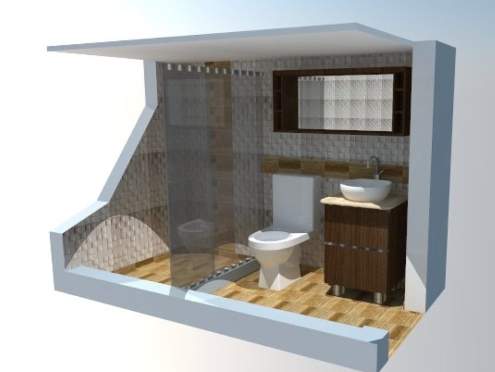 Banheiros em modelagem 3D com acabamentos e detalhes