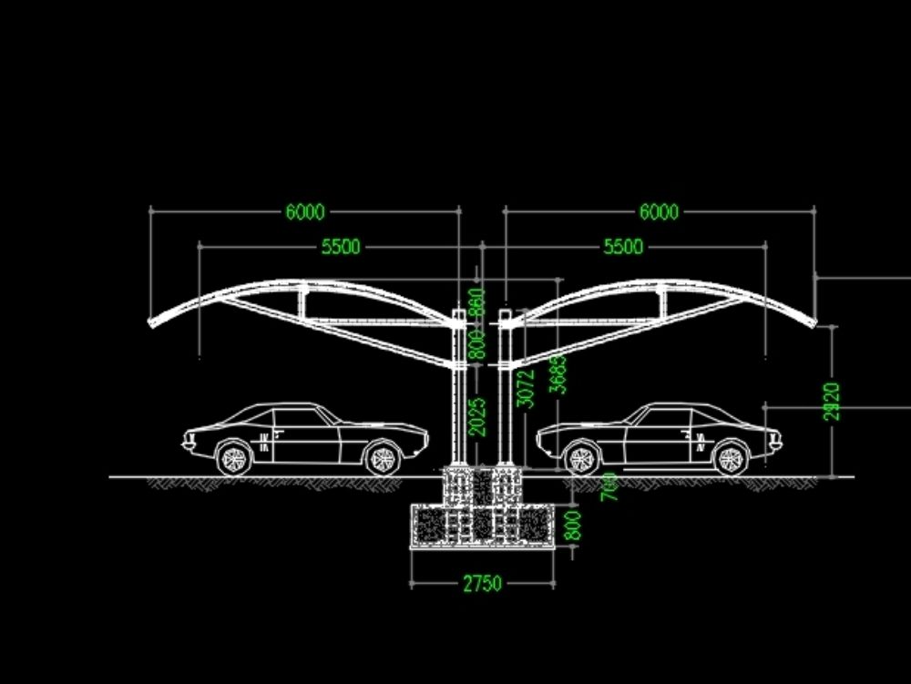 Detalhe da elevação lateral de cortinas de estacionamento tipo arco