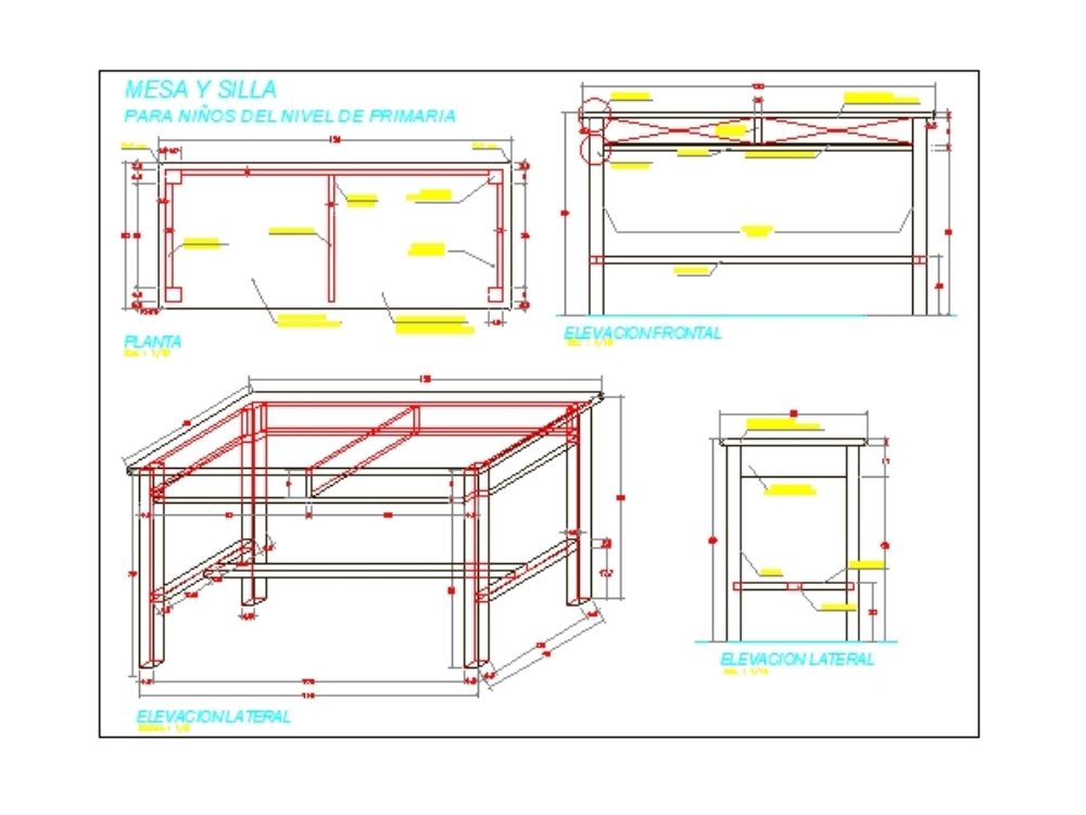 Isometric table with three sides in cad