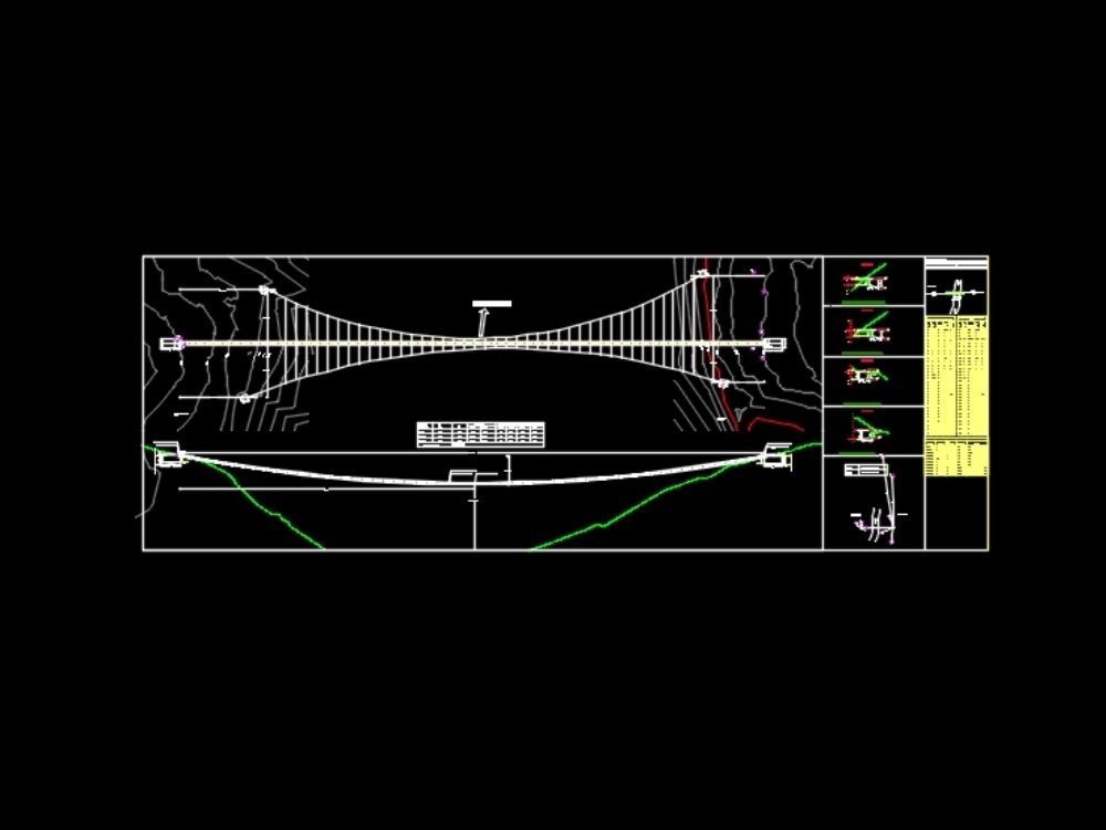 Plan du pont suspendu avec coupe transversale et données topographiques détaillées.