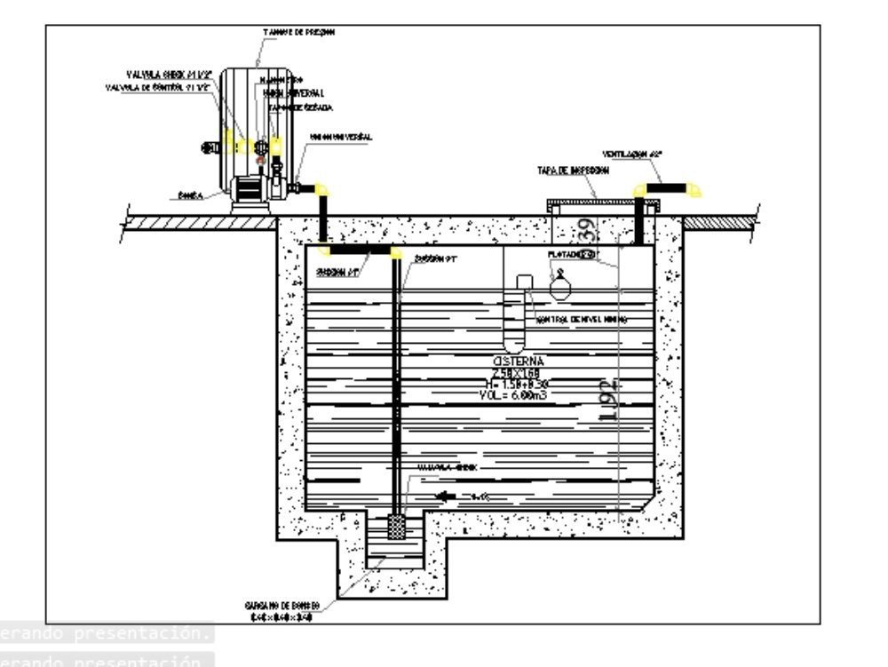 Seção do tanque da cisterna