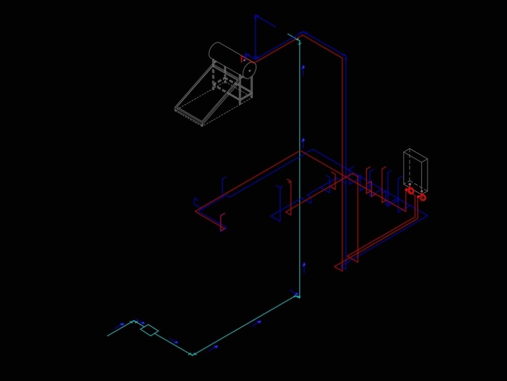 Isometric plan of installation of a short distance of water pipes for a bathroom