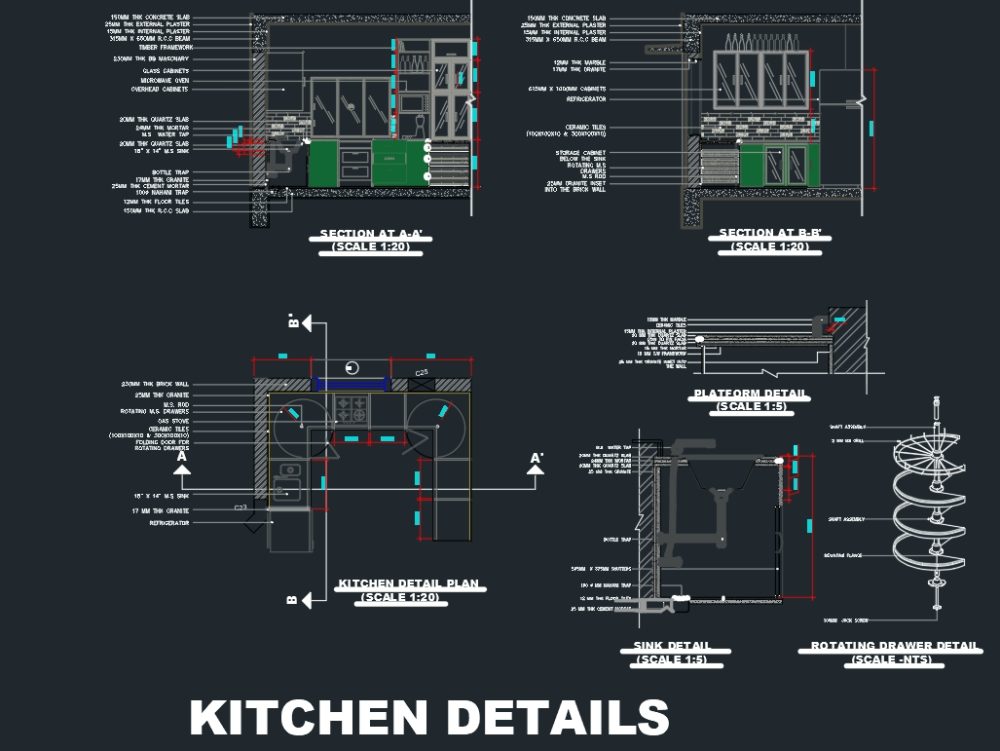 Drawing details of wd kitchen with revolving drawers