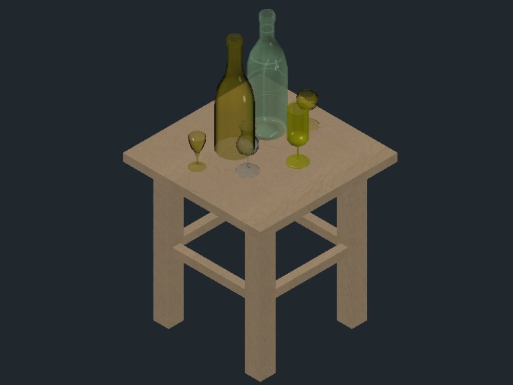 Tavolo con bicchieri e bottiglie in modello 3d