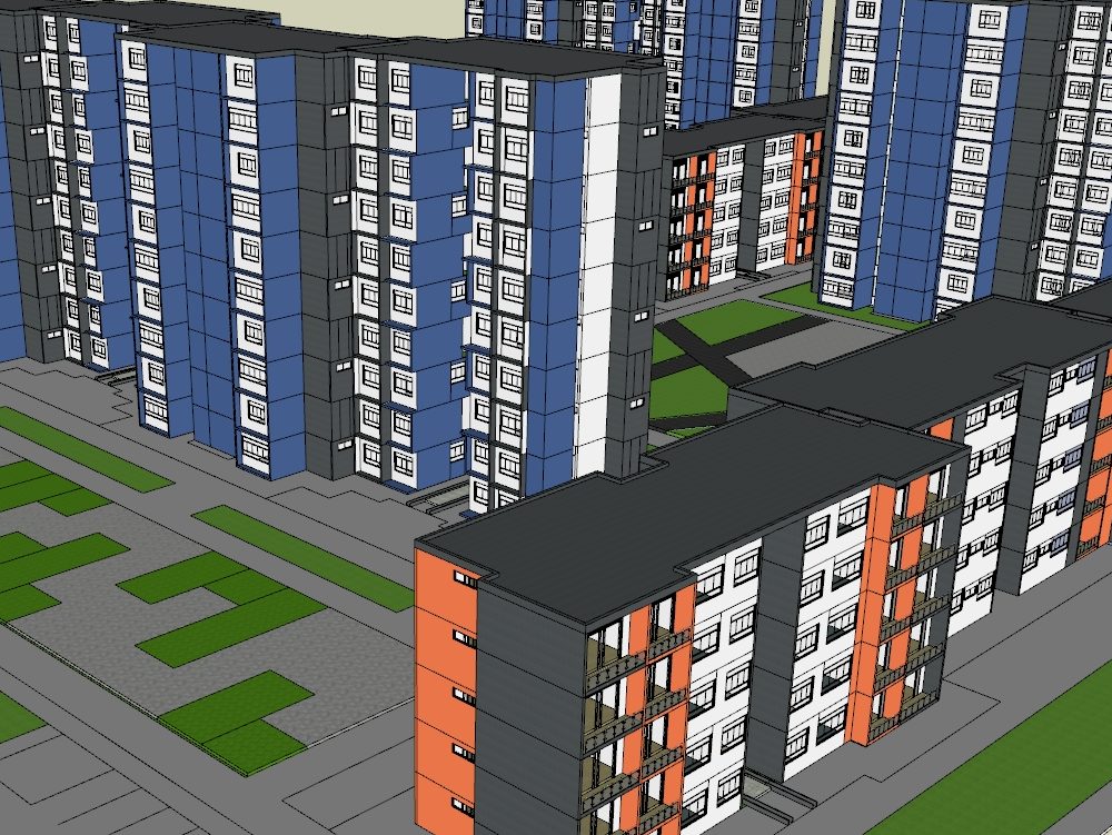 Condomínio com blocos de apartamentos gordos e duplex