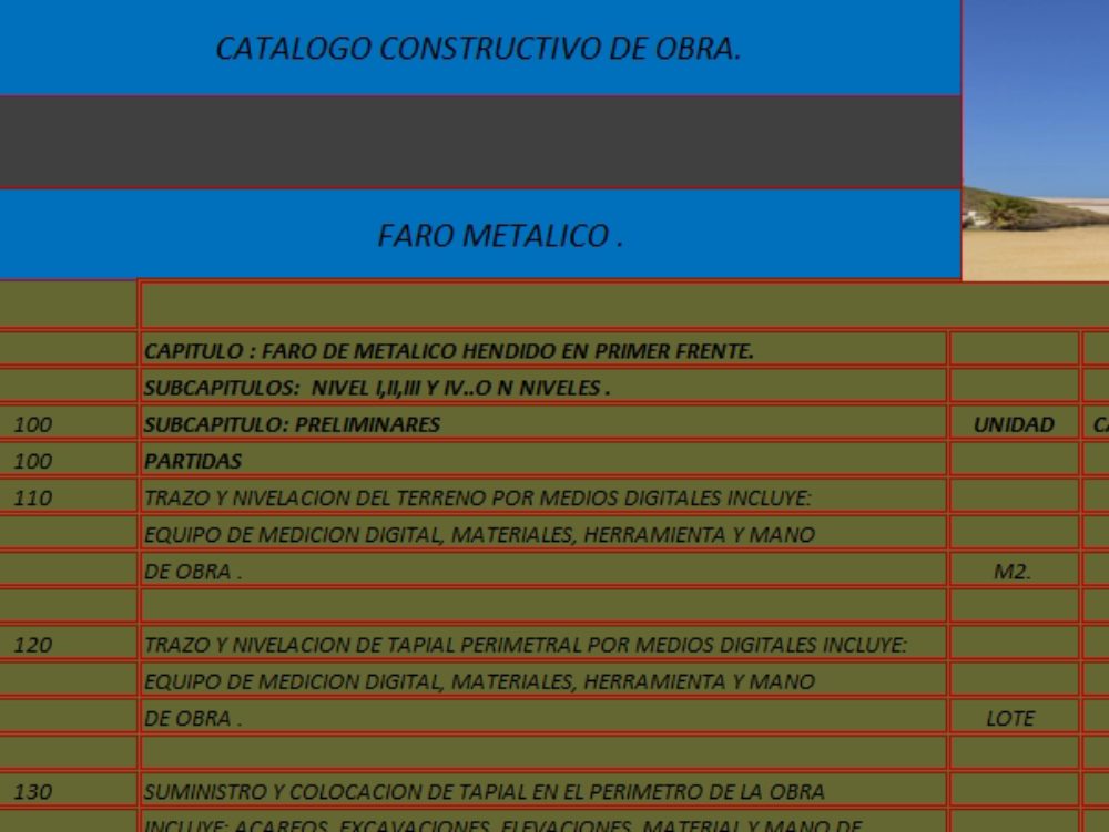 Catálogo de construção farol de metal 8 níveis xls