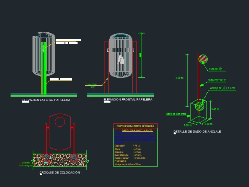 Garbage can - construction detail metallic cylinder