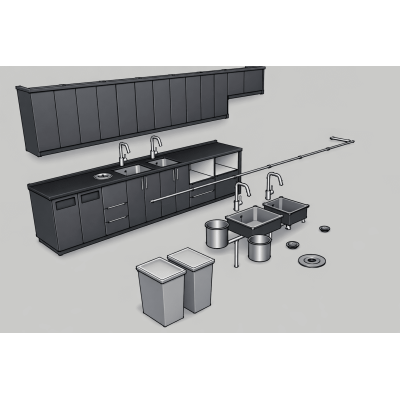 Cocina Lineal Modular con Muebles Altos y Bajos, Doble Fregadero y Accesorios