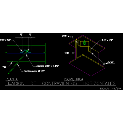Detalle de fijacion de contraviento horizontal en viga metalica