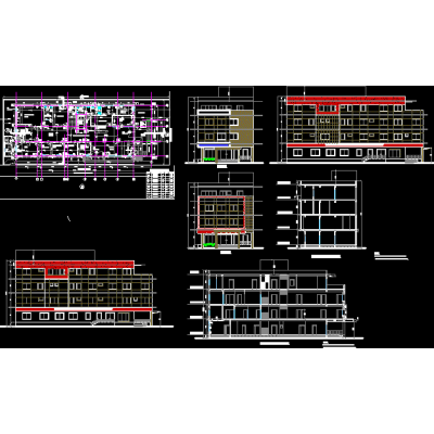 Plano de trabajo de hospital y elevaciones