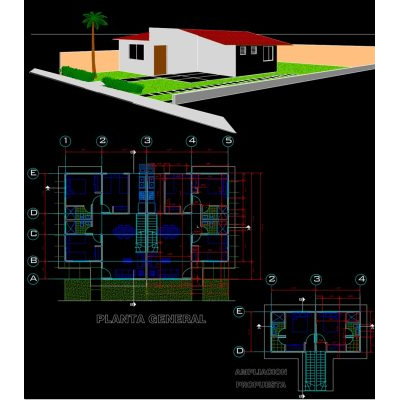 Librería CAD | Bloques CAD Gratis Archivos DWG y Objetos BIM 29 Vivienda Económica de 70 m² con Planta y Perspectiva