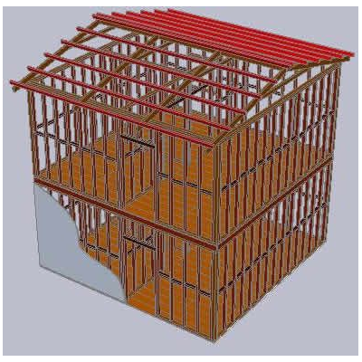 Rendering 3d della struttura in legno di una casa a due piani