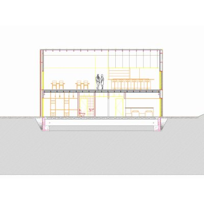 Corte de residencia - cubierta estructura metalica y de madera - cerramiento fachada panel sandwich y forjado tipo placner de vigueta metalica