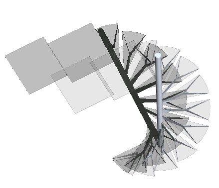 Escada helicoidal em vidro e metal 3d