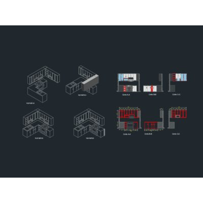 Cocina detallada en isometrico con gabinetes