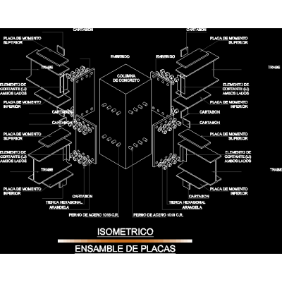 Isometrico ensamble entre las trabes de acero