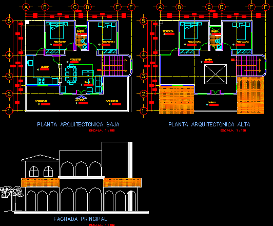 Pläne und Fassade eines durchschnittlichen Wohnsitzes