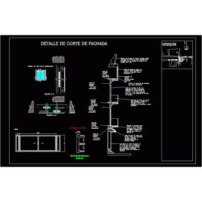 Secci&oacute;n Constructiva de Fachada con Puertas y Ventanas (3 Niveles)