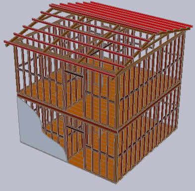 3d rendering of the wooden structure of a two-story house